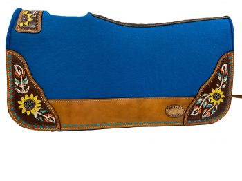 Klassy Cowgirl 28x30 Barrel Style 1" blue felt pad with painted feather and sunflower accent and blue leather lacing